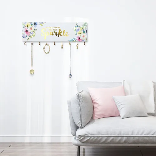 Vista 7 de SANY DAYO HOME Organizador de joyas montado en la pared, moderno soporte de madera con 9 ganchos de metal para collares, anillos, aretes, pulseras