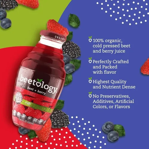 Vista 2 de Beetology Jugo orgánico de remolacha y bayas, 8.45 onzas (paquete de 6) 100% prensado en frío Saludable para el corazón Jugo de verduras lleno