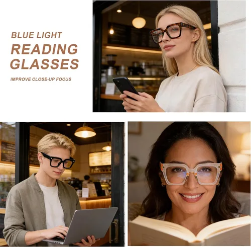Vista 6 de AQWANO Oversized Square Reading Glasses Women, Blue Light Blocking Computer Glasses, 3-Pack Fashion Large Frame Readers