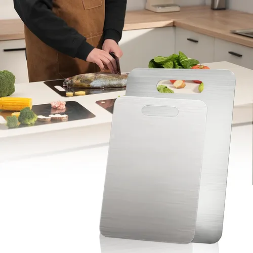 Vista 5 de Tabla de cortar de acero inoxidable, 2 tablas de cortar para cocina, tabla de cortar antiadherente inoxidable para carne, frutas y verduras