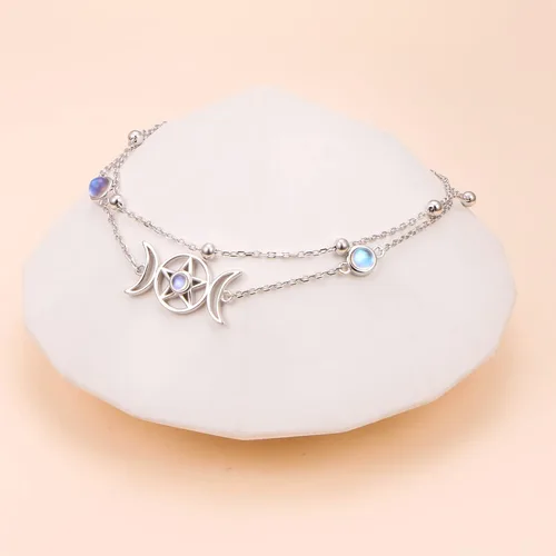 Vista 5 de Pulsera de plata esterlina S925 elegante cadena de pie con dije bohemio de playa de doble capa para mujeres, adolescentes y niñas, ajustable de 9 a