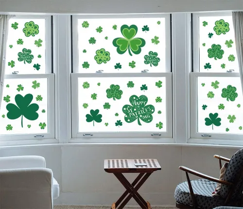 Vista 4 de CAVLA Decoración de trébol para ventana del día de San Patricio, 8 hojas de trébol grande del día de San Patricio, calcomanías estáticas