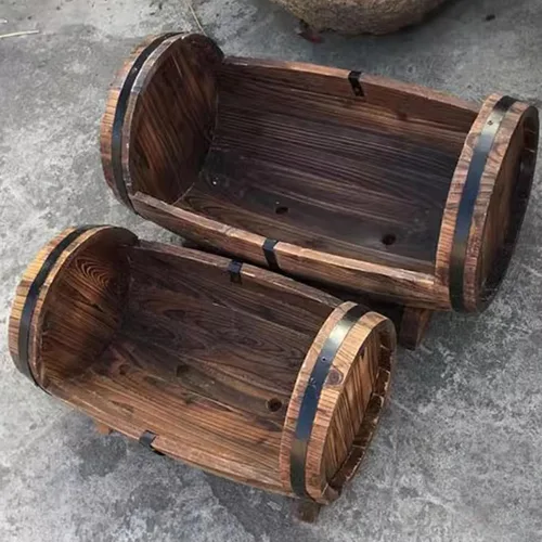 Vista 2 de HM&DX Macetas redondas de madera con orificios de drenaje, macetas rústicas de madera con agujeros de drenaje, macetas de whisky para jardín
