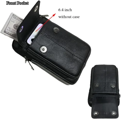 Vista 4 de Cuero Genuino Hombres Wasit Pack Con Correa De Cinturón De Hombro Bolsa De Teléfono Celular Style1-Negro