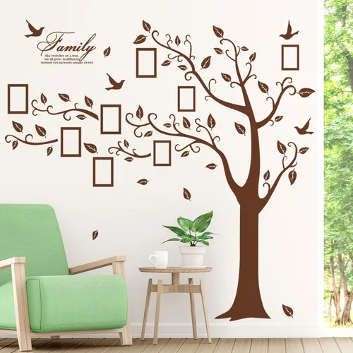 Vista 11 de Adhesivo de pared para árbol de fotos familiar grande, marco de fotos 3D, calcomanías de pared de árbol con citas extraíbles, hojas y pájaros, Negro