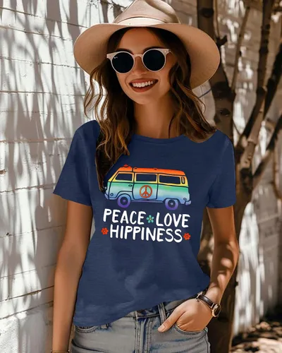 Vista 4 de Camiseta de amor con signo de paz para mujer, camiseta con estampado de flores, hippie de manga corta de los años 60 y 70, camiseta inspiradora