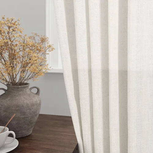 Vista 5 de Nanspring Cortinas color crema de 30 pulgadas de largo para cocina, mezcla de lino, semitransparentes, pestaña trasera y bolsillo para barra, filtro