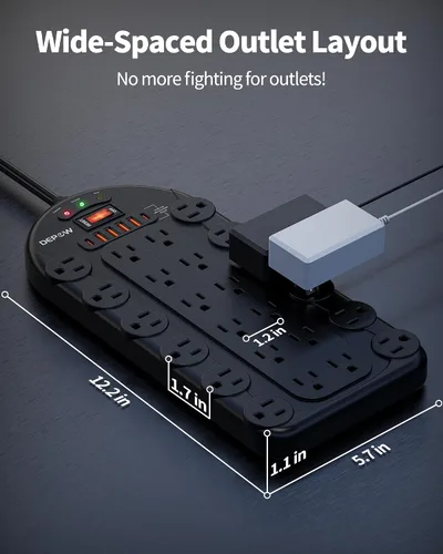 Vista 7 de DEPOW Regleta protectora contra sobretensiones de 6.5 pies con 24 salidas de CA (1875 W/15 A), 6 USB (2 puertos USB-C), 3,400 julios, cable de Negro
