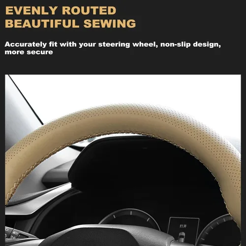 Vista 6 de AUTOXBERT Funda de volante de 38cm/15 pulgadas de piel auténtica para coser a mano, estilo DIY, con hilo y agujas, se ajusta para VW Ford Nissan Kia