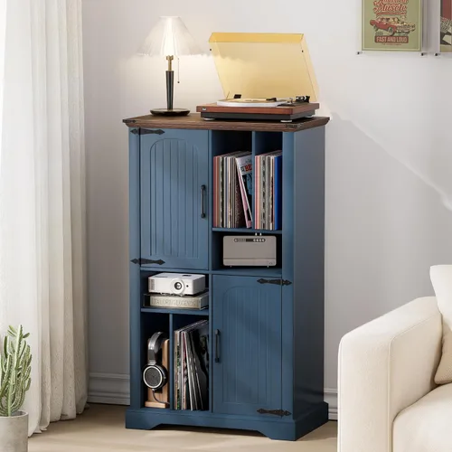 Vista 5 de Maupvit Soporte grande para tocadiscos, armario de almacenamiento de discos de vinilo azul marino de 47 pulgadas con puertas de granero, soporte