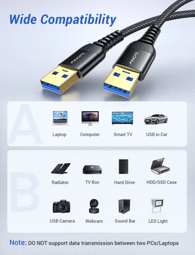 Vista 4 de AINOPE Cable USB a USB, cable USB 3.0 A a A macho a macho [nunca se rompe], cable tipo A de doble extremo compatible con cajas de disco duro, KVM