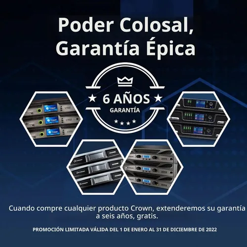 Vista 3 de Amplificador de potencia profesional de dos canales Crown XLS1502 Class D DriveCore con DSP, filtros de paso de banda y limitadores de pico.