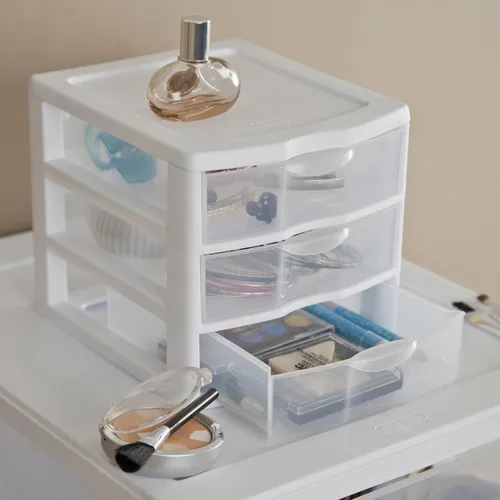 Vista 2 de Tribello Almacenamiento de plástico con 3 cajones, mini cajón, marco blanco con cajones transparentes para almacenamiento de manualidades, 10