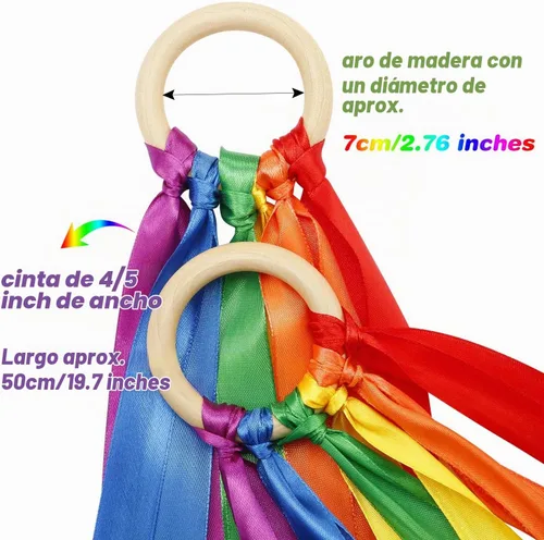 Vista 2 de WILLBOND Cometa de mano arcoíris de 3 piezas, cintas de muñeca de cinta, varita de viento bailarina con anillo de madera, juguetes educativos