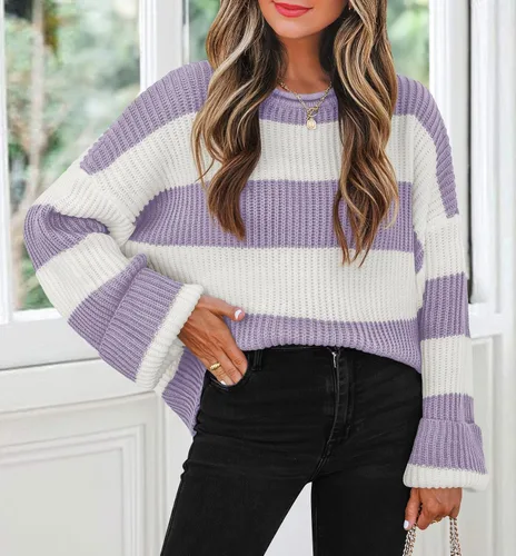 Vista 56 de ZESICA Suéter tejido sin botones de manga larga y cuello redondo, a rayas, bloques de color, cómodo, holgado, talla extragrande para mujer de 2024