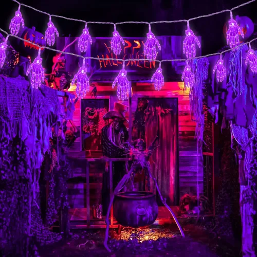 Vista 3 de JMEXSUSS Guirnalda de luces moradas de Halloween, 15.2 pies, 30 luces LED de mano de esqueleto, funciona con pilas, luces de Halloween