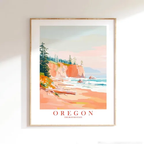 Vista 6 de ColorAndFlair Oregon Travel Print Coastal Ocean Pink Orange Wall Art Retro Poster Beaver State Souvenir Beach Painting (8x10 inches)