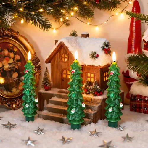 Vista 6 de 3 Piezas Velas de Árbol de Navidad Sin Llama con Control Remoto y Temporizador, Funcionan con Baterías con Llama Parpadeante 3D, Velas Cónicas de 7