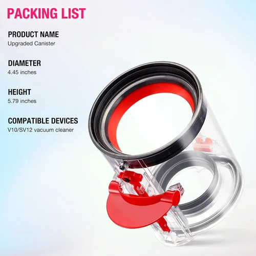 Vista 6 de Recipiente mejorado compatible con Dyson V10 para aspiradora Contenedor de repuesto compatible con Dyson V10 Parte No.969509-02