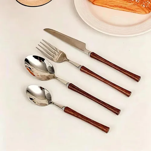 Vista 5 de Juego de cubiertos de madera para 6 cubiertos de acero inoxidable de alta calidad, juego de 30 piezas de cubiertos de madera, incluye cuchillos