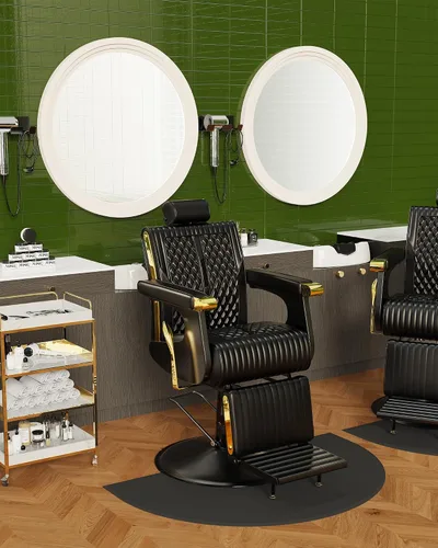 Vista 2 de Silla reclinable de barbero Baasha negra con ribete dorado en los reposabrazos, cómodo cojín de espuma viscoelástica, reposacabezas ajustable, base