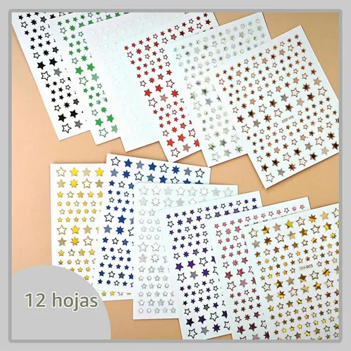 Vista 3 de Calcomanías de uñas de estrella, 12 hojas de calcomanías de estrella de uñas 3D para arte de uñas, decoración de uñas de estrella colorida