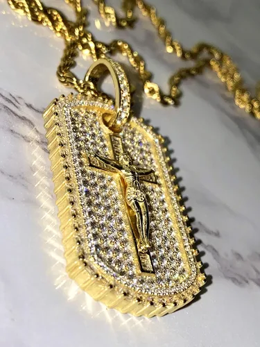 Vista 5 de Baguette - Colgante de cadena de acero inoxidable para hombre, mujer, 925 con acabado en oro italiano, colgante de plata helada, colgante de cuerda