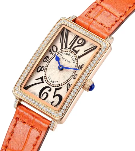 Vista 2 de Reloj rectangular de oro rosa para mujer con bisel de piedra blanca y esfera naranja, marcadores numéricos irregulares de hora, reloj de pulsera