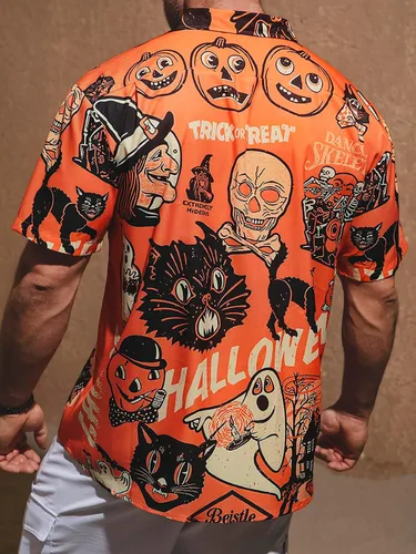 Vista 5 de Hardaddy Camisa de Halloween para hombre, manga corta, con botones, divertida impresión, casual