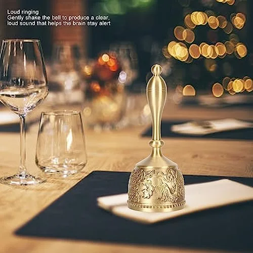Vista 3 de Campana de mano de latón antiguo de 4.9 pulgadas para recepción de boda, hotel, tono de anillo nítido transparente, aspecto rústico vintage