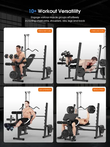 Vista 2 de JX FITNESS Banco de pesas olímpico con sistema de polea desplegable LAT y almohadilla de rizo de predicador, prensa de banco de entrenamiento