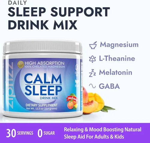 Vista 2 de Zipfizz Suplemento en polvo Nightly Calm & Sleep, mango de melocotón, 12.3 onzas (30-60 porciones) Ayuda natural para dormir para niños y adultos