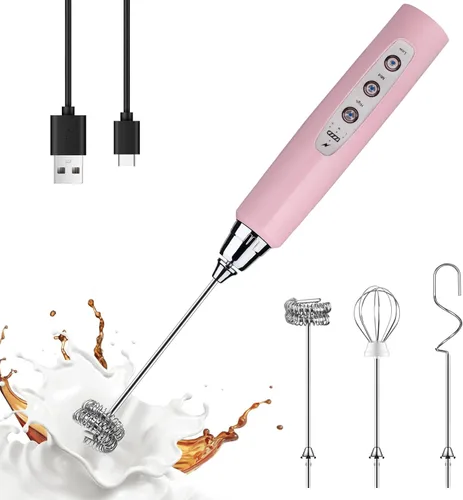 Vista 17 de YUSWKO Baby Blue - Varita espumadora de leche de mano para café, batidor eléctrico recargable con 3 cabezales, 3 velocidades, mezclador de bebidas