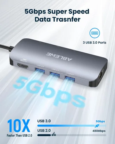 Vista 4 de ABLEWE USB C Hub Ethernet, Hub USB C multipuerto a HDMI, Adaptador USBC 8 en 1 de 4K@60Hz, 1000Mbps, PD de 100W, 3 puertos USB 3.0, estación