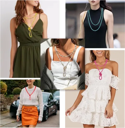 Vista 3 de Firstmeet - Collar con nudo de cuerda, de cuentas de cristal, largo, para mujer.