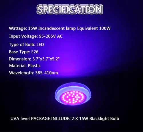 Vista 2 de Bombillas LED negras de 15 W, paquete de 2 (equivalente a 100 W), bombillas negras UV BR30 E26 para brillar en la oscuridad, UVA 385-400 nm, luces