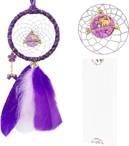 Vista 9 de Mini atrapasueños – Mal de ojo con pluma de ganso, franela violeta azulado, pequeño atrapasueños hecho a mano para dormitorio, un atrapasueños