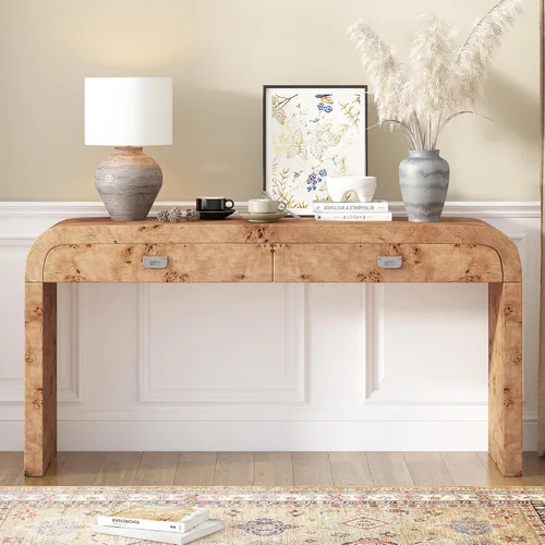 Vista 17 de Mesa de consola de entrada, sofá largo estrecho para pasillo, mesa de vestíbulo detrás del sofá, retro con cajón oculto, toma de corriente lateral