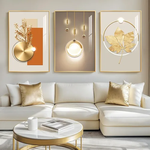 Vista 31 de Arte de pared moderno enmarcado en blanco y negro, 3 piezas de impresiones contemporáneas grandes para paredes, juego de 3 imágenes de hojas doradas