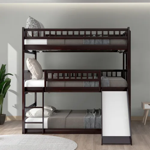 Vista 3 de Linique Litera triple de tamaño matrimonial con tobogán y escalera, marco de cama separable de madera maciza con barandilla de longitud completa