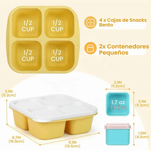 Vista 5 de Caperci Recipientes para aperitivos con 4 compartimentos (paquete de 4) con 2 tazas de salsa a prueba de fugas, recipientes divididos reutilizables