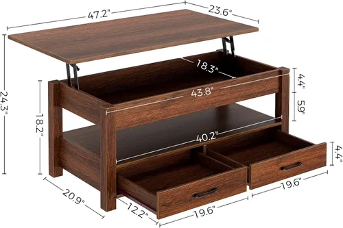 Vista 3 de Rolanstar - Mesa auxiliar, mesa de centro de 47.2 pulgadas con elevación, mesa central retro con cajones y compartimento oculto, tablero