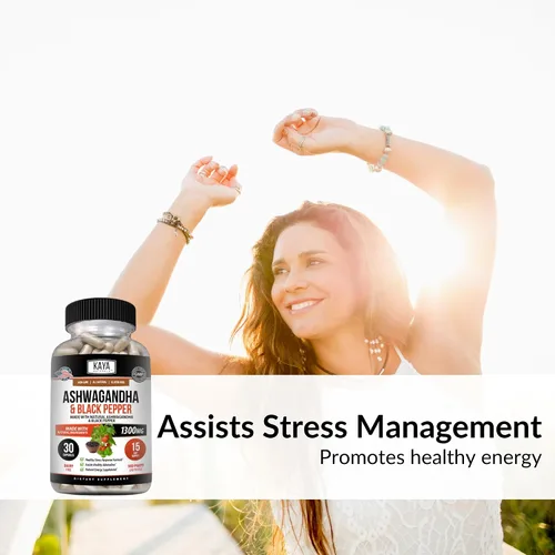Vista 3 de Kaya Naturals Raíz de Ashwagandha con pimienta negra Suplemento adaptógeno de máxima fuerza de 1300 mg, ayuda a la salud suprarrenal, glandular