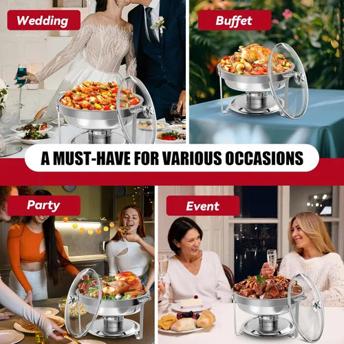 Vista 9 de IMACONE Juego de Bandejas Calentadoras de Buffet 4 Piezas, 5QT Redondas de Acero Inoxidable con Tapa de Vidrio para Catering, Conjuntos