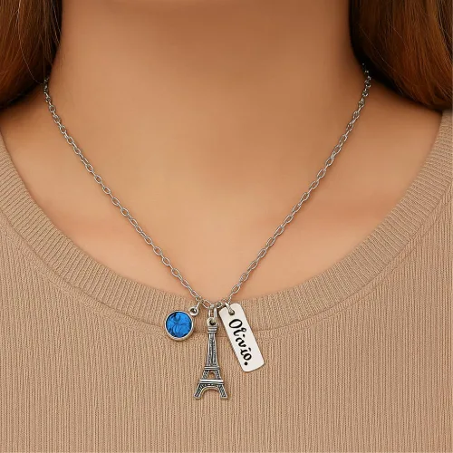 Vista 6 de Collar personalizado de la torre Eiffel, piedra natal personalizada con nombre grabado en la torre Eiffel, colgante de torre Eiffel para mujer