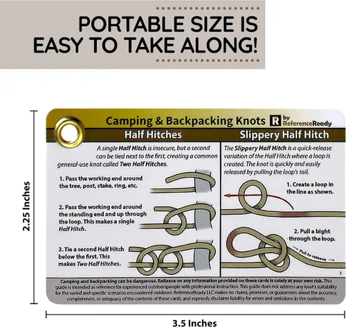 Vista 5 de ReferenceReady Guía de bolsillo para nudos al aire libre: tarjetas impermeables para atar nudos con mini mosquetón, 22 nudos de cuerda para camping
