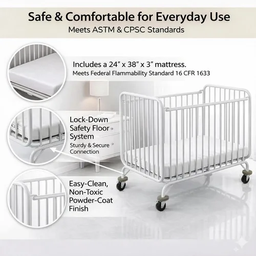 Vista 6 de L.A. Baby Deluxe Holiday Mini/Cuna plegable portátil de metal, color blanco Metal frame, locking caster wheels, tool-free fold, fits standard