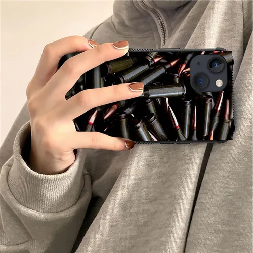 Vista 4 de ZHEGAILIAN Funda compatible con iPhone 15, AK 47, carcasa de munición para ametralladora, parte trasera de vidrio templado+funda protectora