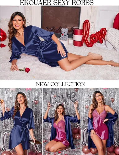 Vista 4 de Ekouaer Bata de satén para mujer, lencería de San Valentín para mujer, kimono, bata corta con volantes, cinturón, ropa de dormir para damas de honor