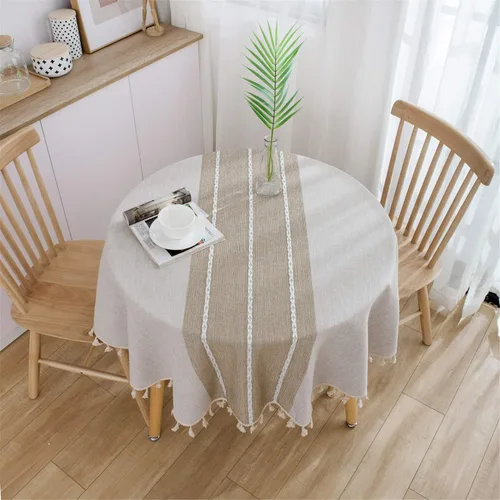 Vista 2 de Dimatic Mantel de Algodón y Lino de Peso Pesado - Mantel Redondo de 60 Pulgadas - Cubierta de Mesa con Costura de Borlas para Decoración de Beige